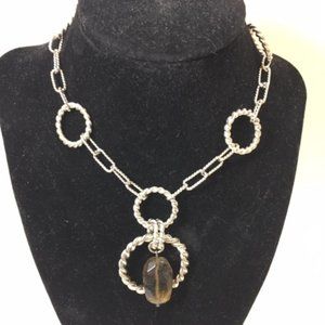 Silver Toned Circles Rectangles Smoky Quartz Stone Chain Adjustable Necklace